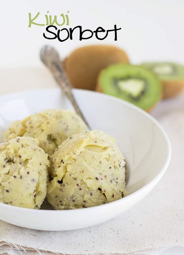 Kiwi sorbet in a white bowl.