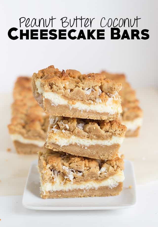 Peanut butter and coconut come together in these indulgent cheesecake bars.
