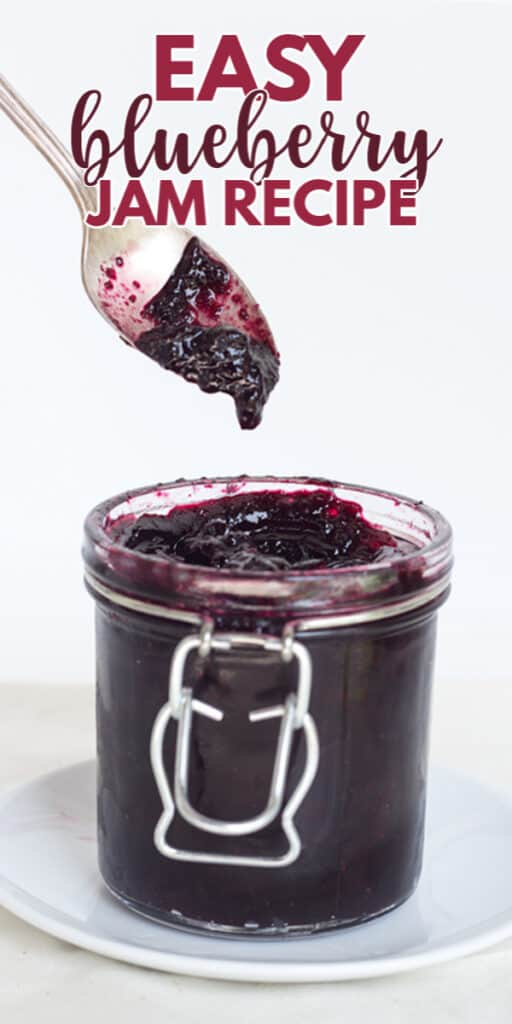 close up of a spoon full of jam with the title in text at the top for pinterest