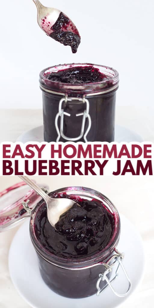 collage of blueberry jam photos with the title in text in the center for pinterest