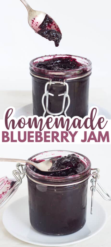 collage of blueberry jam photos with the title in text in the center for pinterest