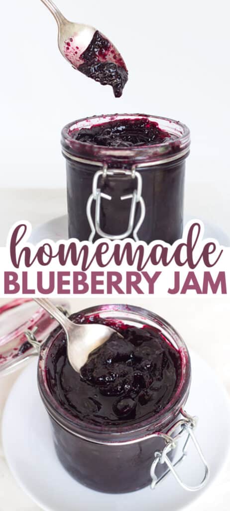 collage of blueberry jam photos with the title in text in the center for pinterest