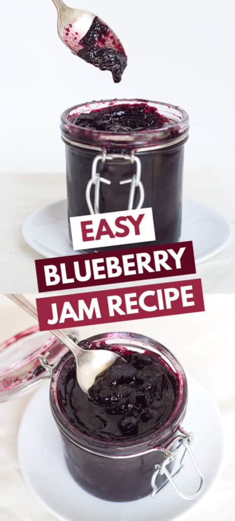 collage of blueberry jam photos with the title in blocks of text in the center for pinterest