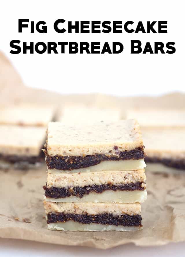 Fig cheesecake shortbread bars are stacked.