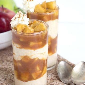 Apple Pie Cheesecake Parfaits with caramel drizzle.
