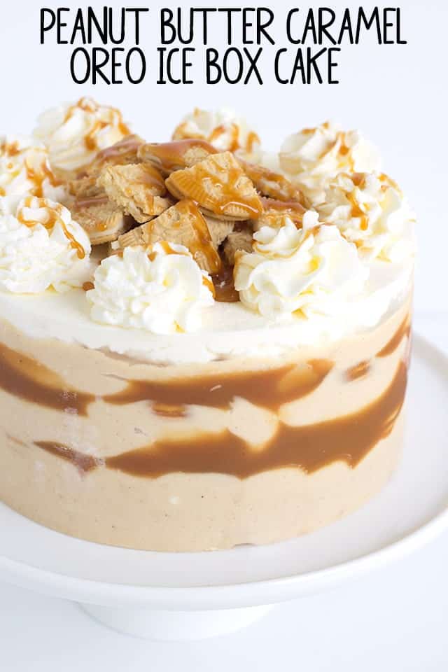 Peanut butter caramel filled Oreos layered in an ice box cake.