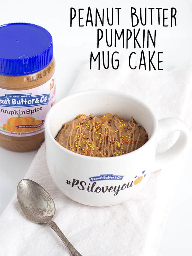 Peanut Butter Pumpkin Mug Cake - the perfect serving of cake that can easily be made in the microwave. It's full of peanut butter, pumpkin, pumpkin spice, and incredibly tender.