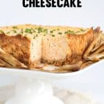 Savory square cheesecake on a square cake plate with pita chips
