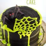 A cake with a spooky spiderweb design on a plate.