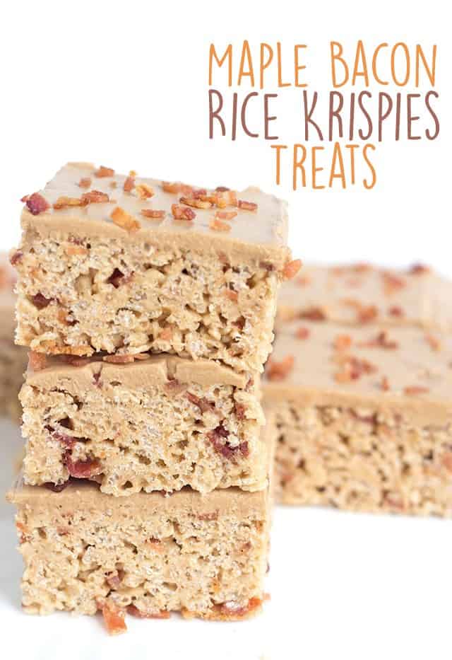Maple Bacon Rice Krispies Treats - sweet and salty chewy marshmallow rice krispies treats filled with bits of bacon and frosted with a maple buttercream.
