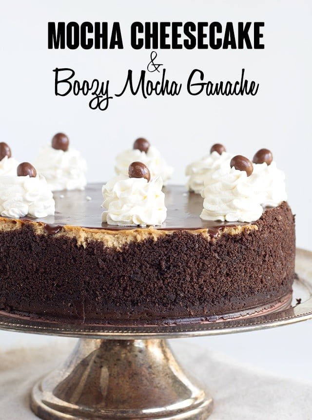 mocha cheesecake on a silver cake plate