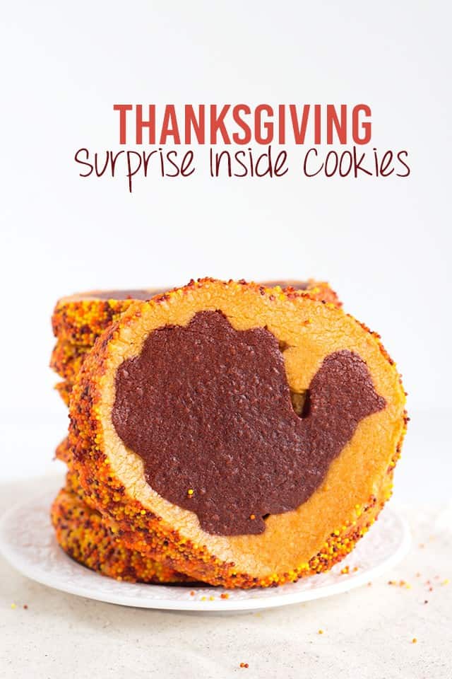 Thanksgiving Surprise Inside Cookies - These are slice and bake cookies that are perfect to prepare ahead of time and slice the morning of Thanksgiving for your guests. Vanilla bean sugar cookies with a cute little brown turkey inside!