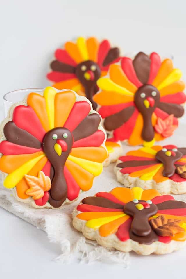 Thanksgiving cookies designed as adorable turkeys.