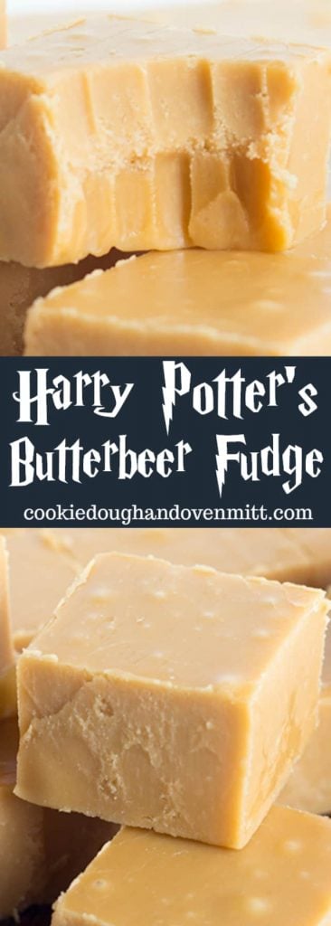 Close up of butterbeer fudge for pinterest