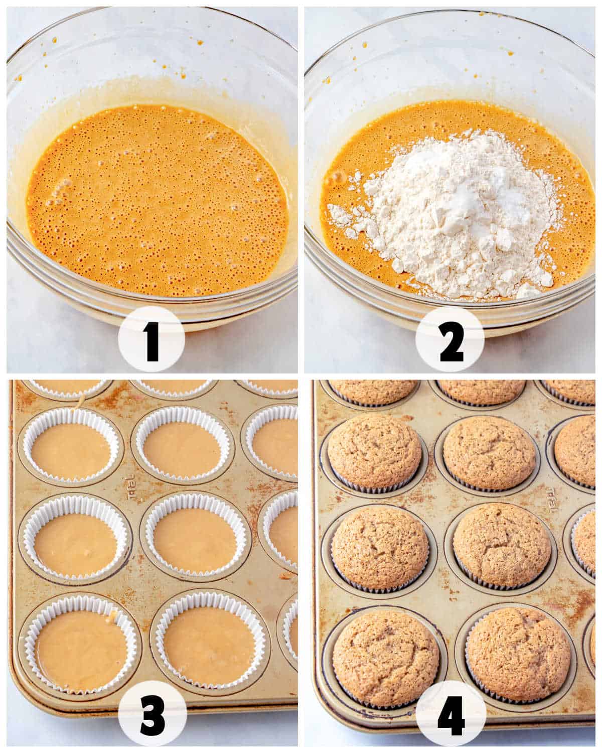 Step-by-step process of making Coffee Cupcakes: mixing wet ingredients, adding flour, pouring coffee-infused batter into liners, and baking cupcakes in a tin.