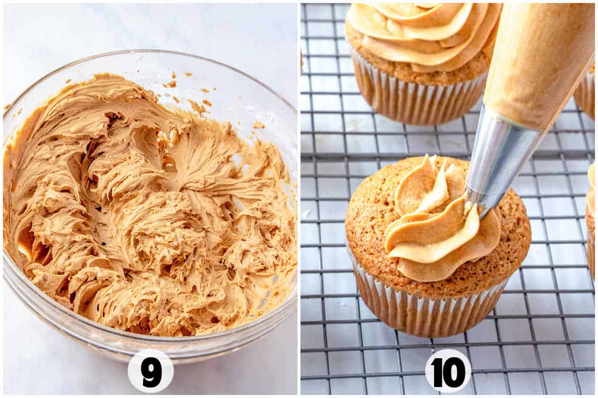 A bowl of whipped frosting on the left and a Coffee Cupcakes creation being piped with frosting on the right, both numbered 9 and 10.