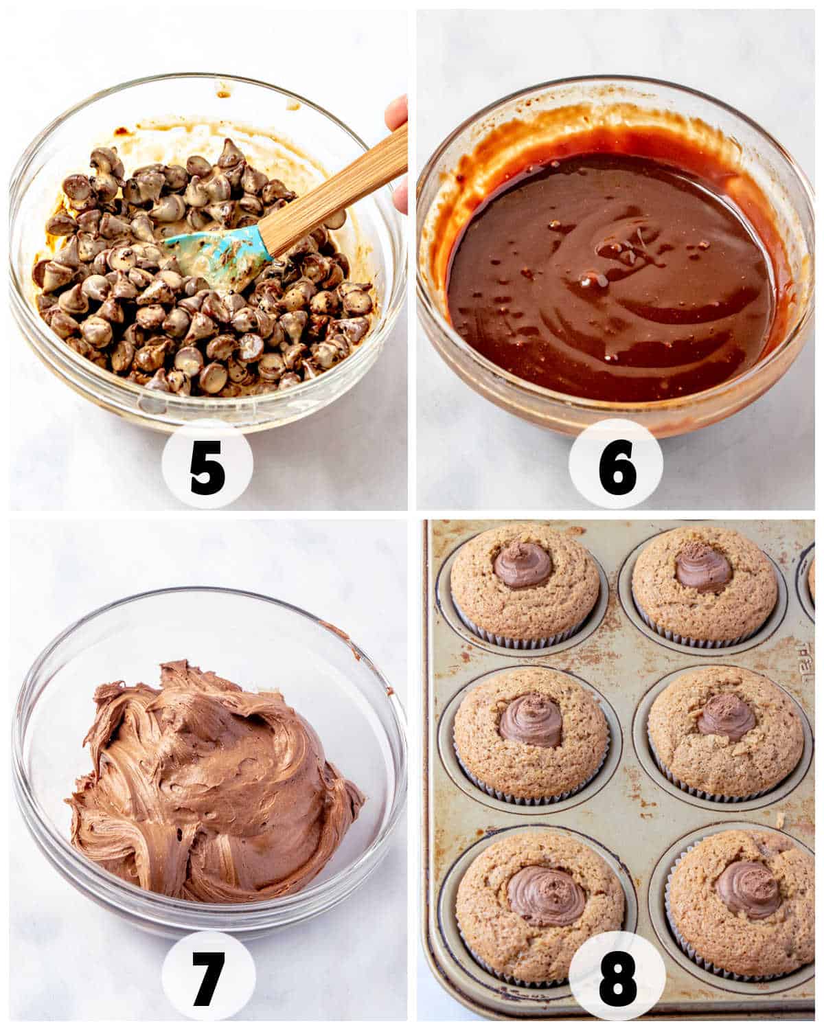 A four-step baking process: mixing chocolate chips, bowl of melted chocolate, whipped chocolate frosting, and Coffee Cupcakes topped with frosting, each step labeled 5 to 8.