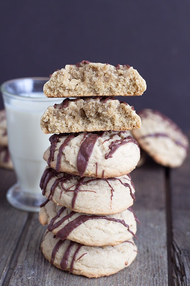 stack of 6 coffee cookies with chocolate drizzle