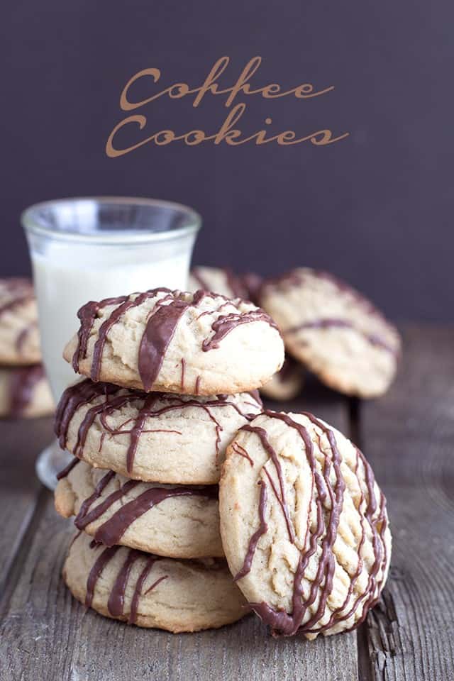 Coffee Cookies with a Chocolate Drizzle and a tall glass of milk