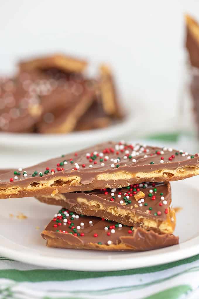 Close up of the stacked candy on a small white plate