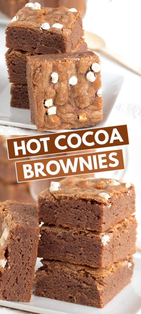collage of photos for hot cocoa brownies with blocks of text in the middle