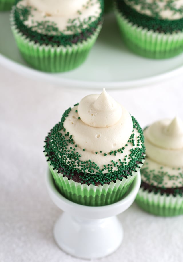 Top view looking down onto a plate of Chocolate Guinness Cupcakes with Baileys Cream Cheese Frosting 