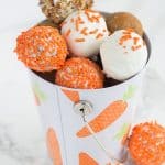 Carrot cake pops in a bucket with orange sprinkles.