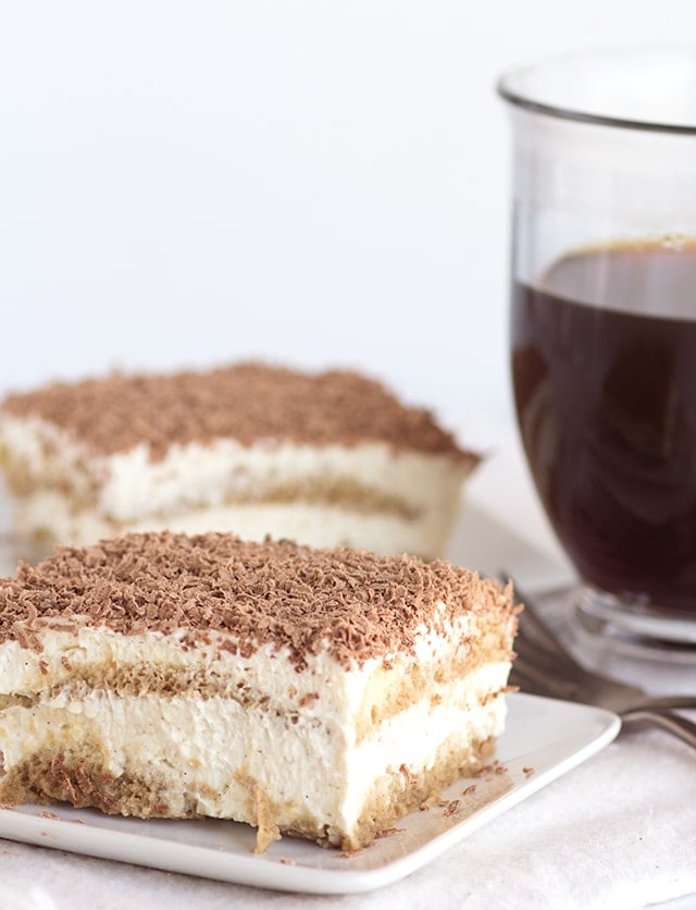 Slice of homemade easy tiramisu and a cup of coffee