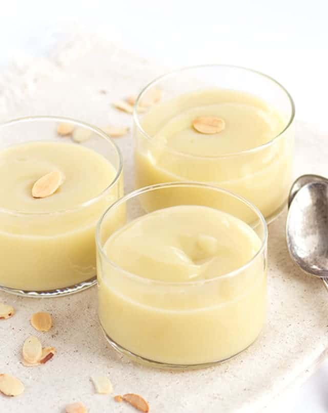 Three bowls of almond pudding.