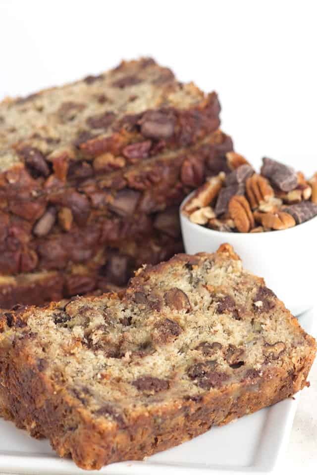 A slice of Extreme Banana Nut Bread on a plate.