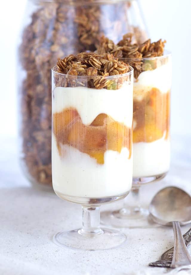 Peach Parfaits - peaches with a cinnamon brown sugar syrup, maple cinnamon granola and a peach & vanilla yogurt.