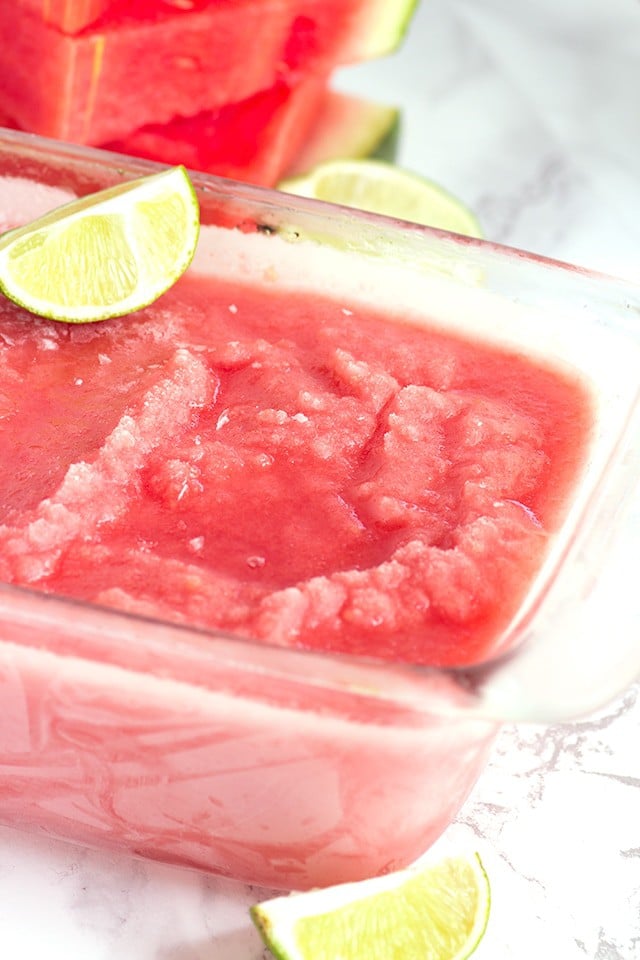 Homemade Watermelon Sorbet frozen into a glass loaf pan