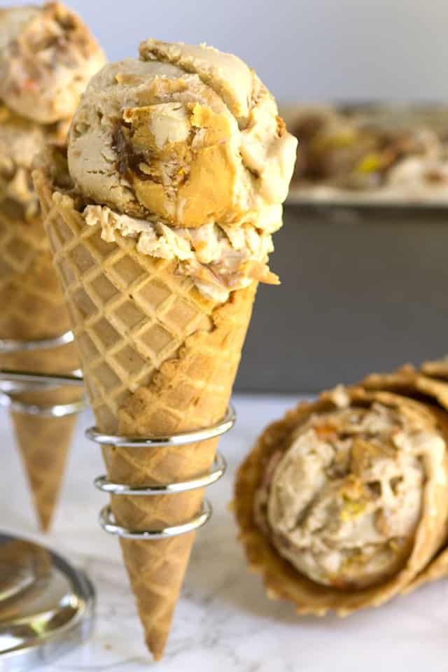 Peanut Butter Lovers Ice Cream - peanut butter ice cream with peanut and hot fudge swirls and bits of Reese's Pieces.