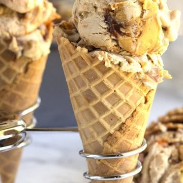 Peanut Butter Lovers Ice Cream in ice cream cones.