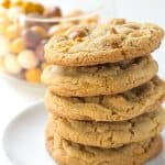 stack of chewy butterscotch cookies on a white plate