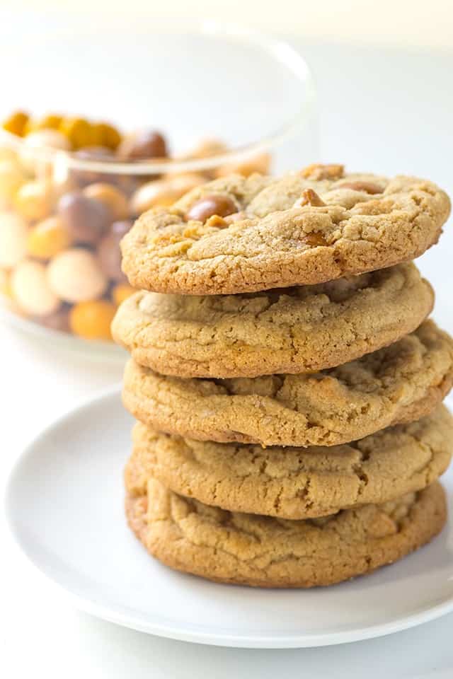 stack of chewy butterscotch cookies on a white plate