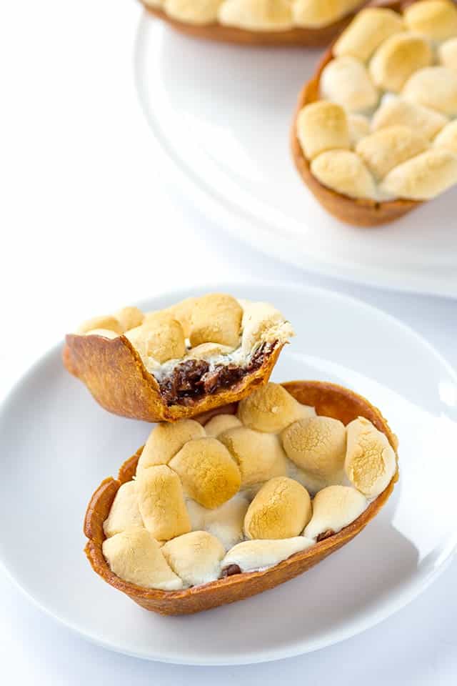 A plate of s'mores cookies on a white plate.