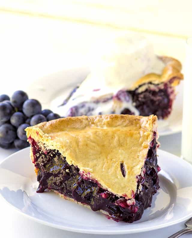 A slice of blueberry pie on a plate with a glass of milk and Concord Grape Pie.