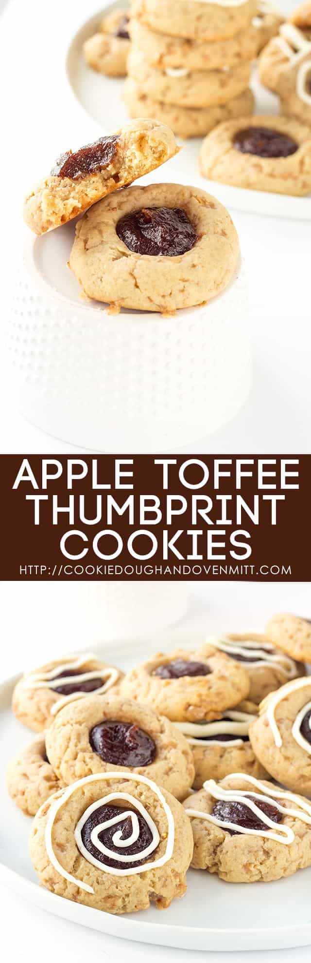 Apple Toffee Thumbprint Cookies - apple butter filled thumbprint cookies with bits of toffee in them. Don't forget the cream cheese drizzle to finish the cookies off!