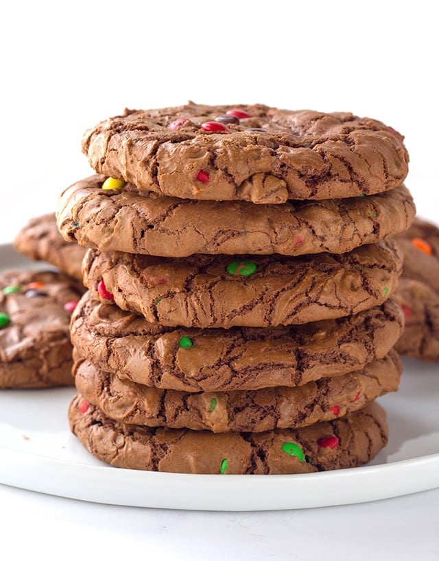 stack of 6 Brownie Cookies - rich chocolate cookies loaded with semi-sweet chocolate chips with a shiny crinkled brownie top