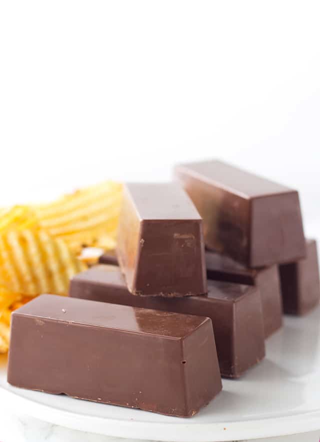 Crispy Chocolate Peanut Butter Candy Bars - sweet and salty candy bars with the shiny chocolate coating and a peanut butter potato chip filling.