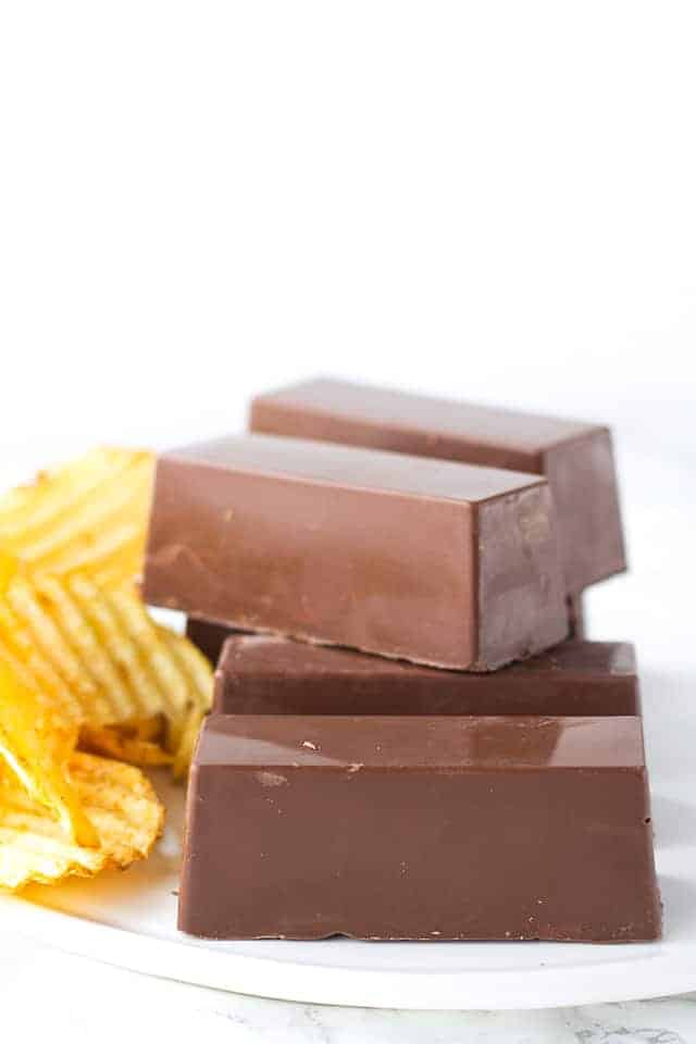 Crispy Chocolate Peanut Butter Candy Bars - sweet and salty candy bars with the shiny chocolate coating and a peanut butter potato chip filling.