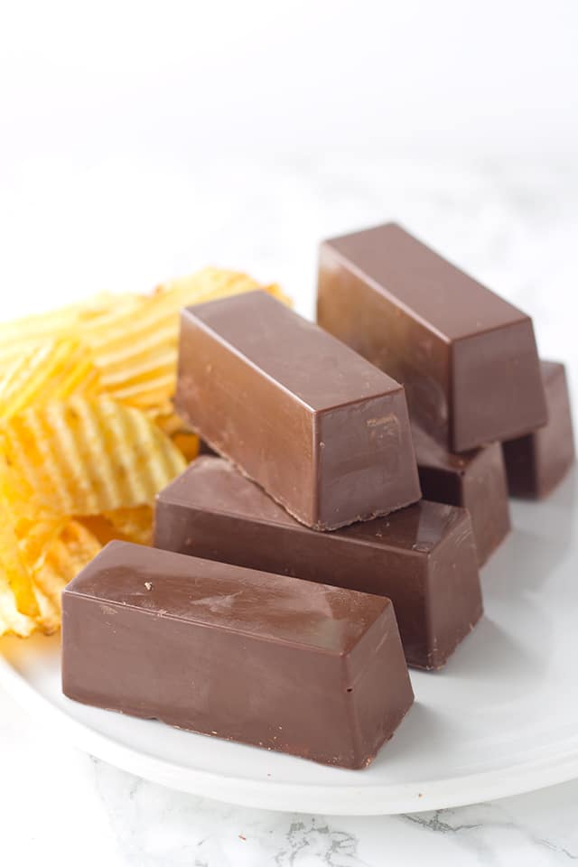 Crispy Chocolate Peanut Butter Candy Bars - sweet and salty candy bars with the shiny chocolate coating and a peanut butter potato chip filling.