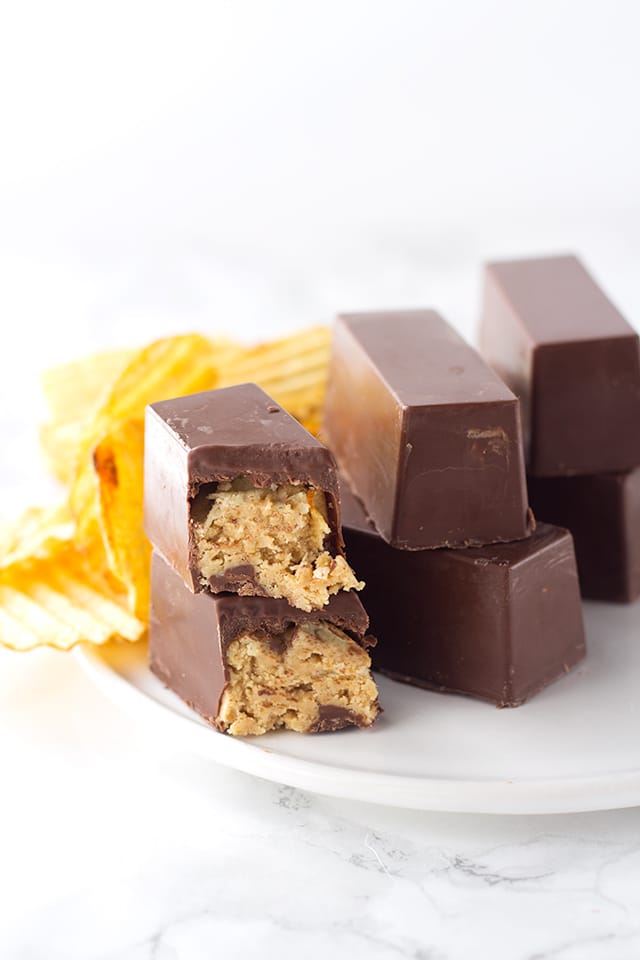 Crispy Chocolate Peanut Butter Candy Bars - sweet and salty candy bars with the shiny chocolate coating and a peanut butter potato chip filling.