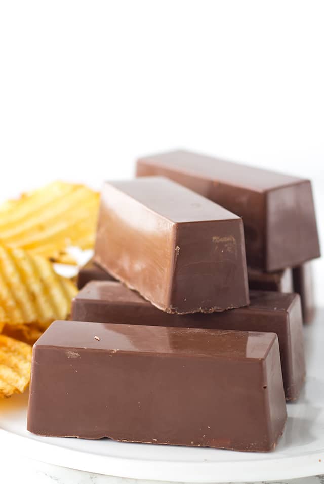 Crispy Chocolate Peanut Butter Candy Bars - sweet and salty candy bars with the shiny chocolate coating and a peanut butter potato chip filling.