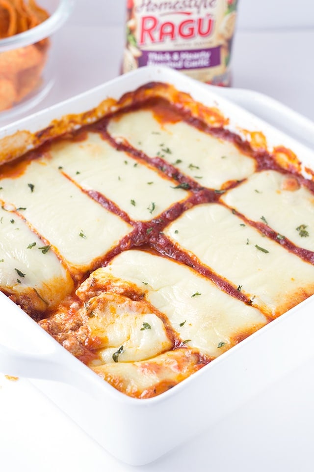 pan of warm and cheesy Lasagna Dip 