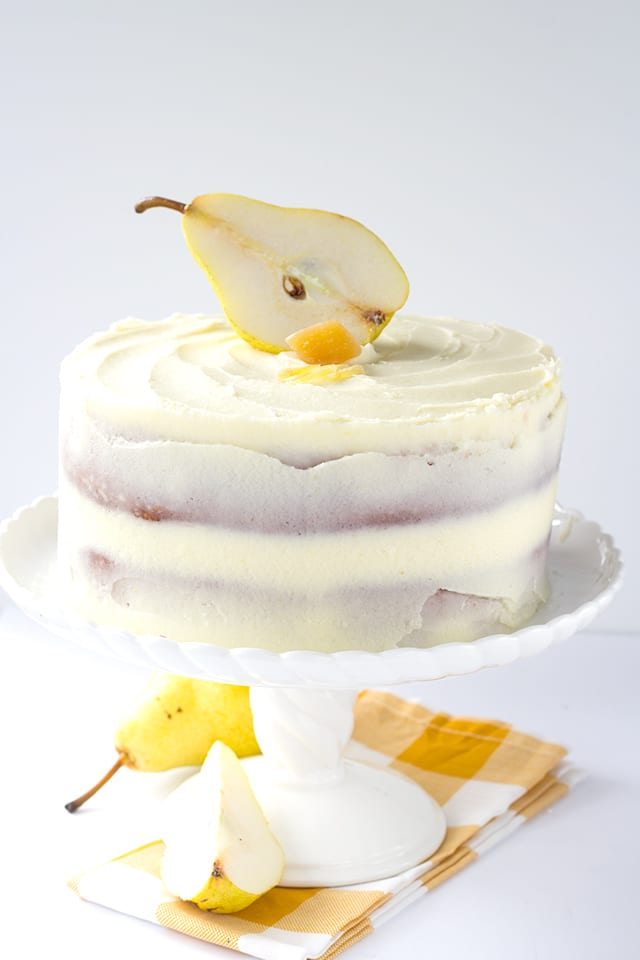 Ginger Pear Cake - dense cake filled with chunks of pear, topped with ginger simple syrup and slathered with ginger frosting.