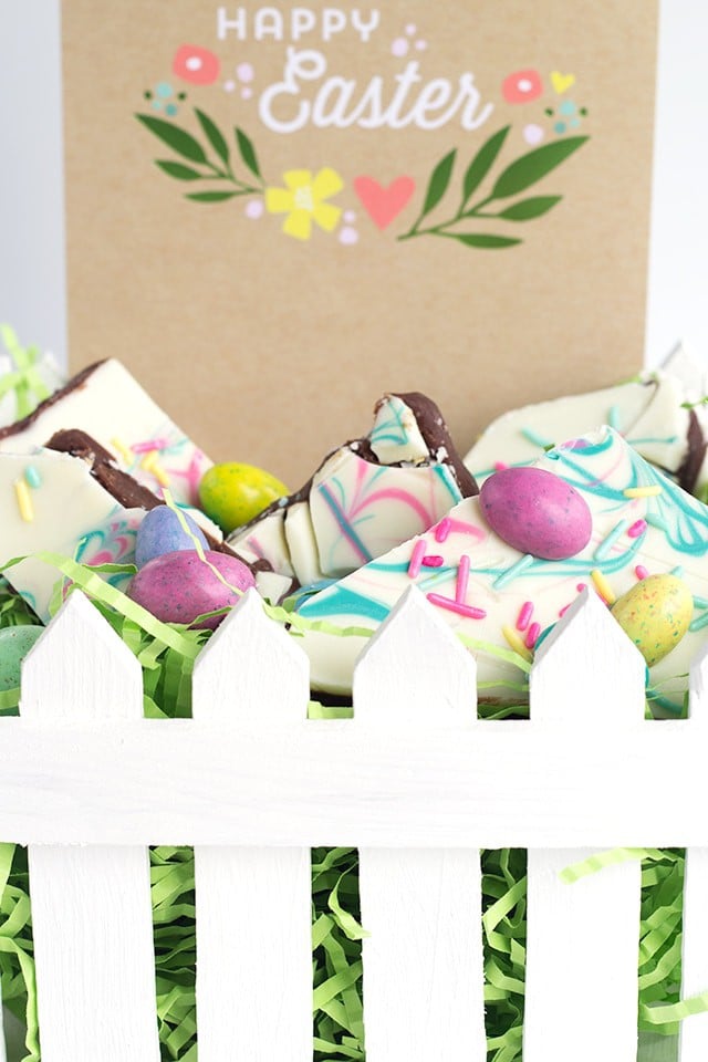 Easter Truffle Bark - milk chocolate ganache sandwiched between white chocolate and topped with delicious Easter candies and festive sprinkles.