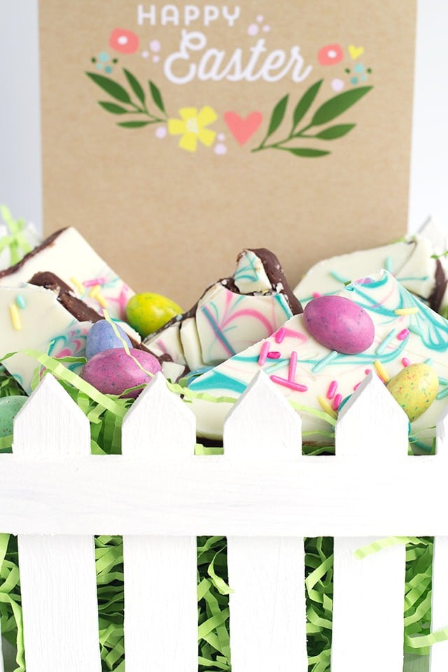 Easter Truffle Bark - milk chocolate ganache sandwiched between white chocolate and topped with delicious Easter candies and festive sprinkles. 