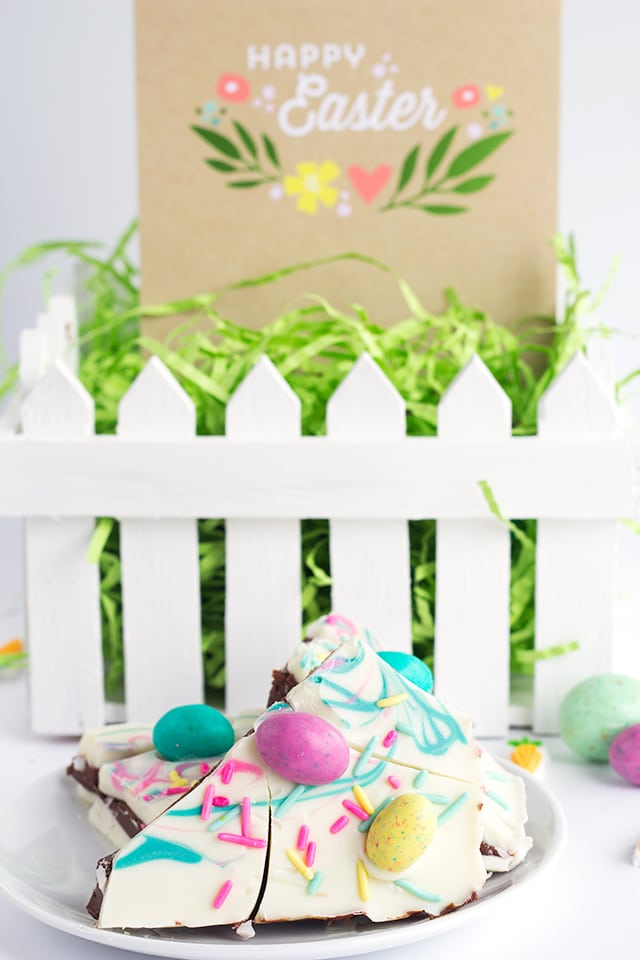 Easter Truffle Bark - milk chocolate ganache sandwiched between white chocolate and topped with delicious Easter candies and festive sprinkles.